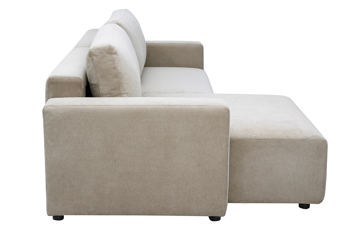 Umwandelbares, reversibles Ecksofa NESTO aus beigefarbenem Chenille-Stoff, Seitenansicht.