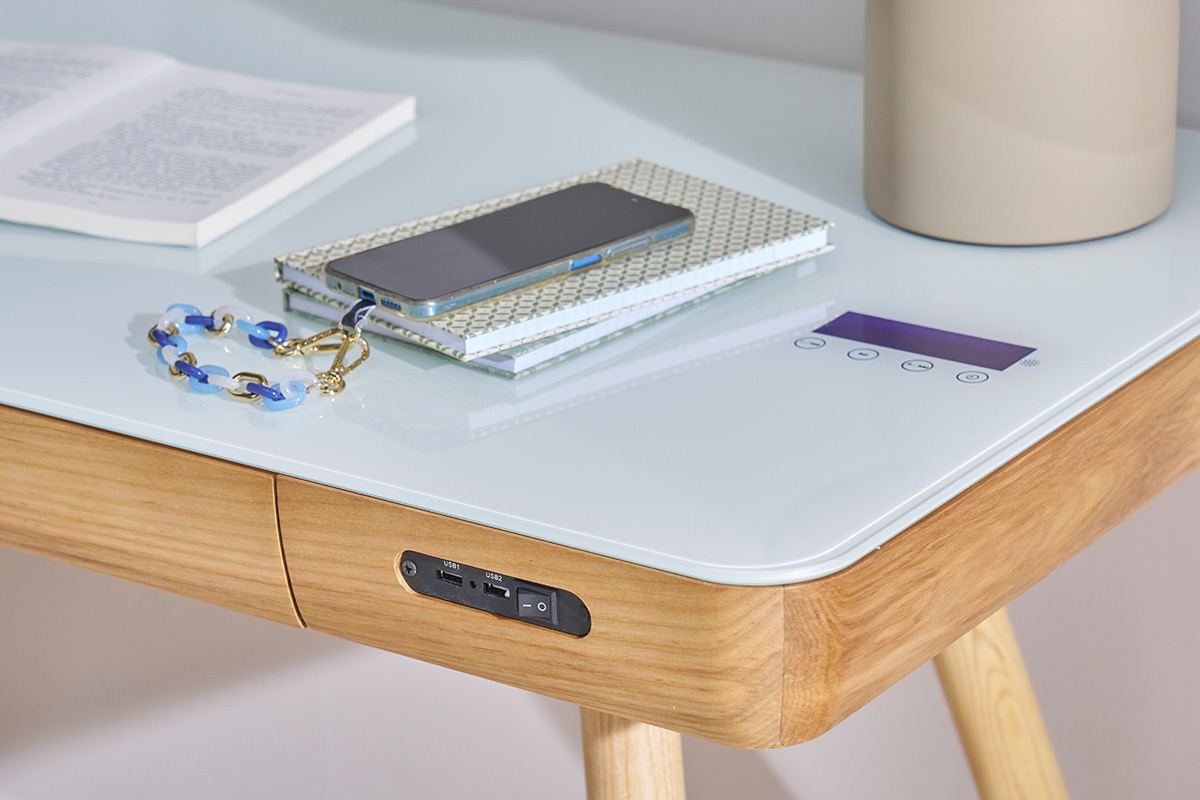 Vernetzter Multimedia-Schreibtisch - weies Glas und helles Holz CLEVER