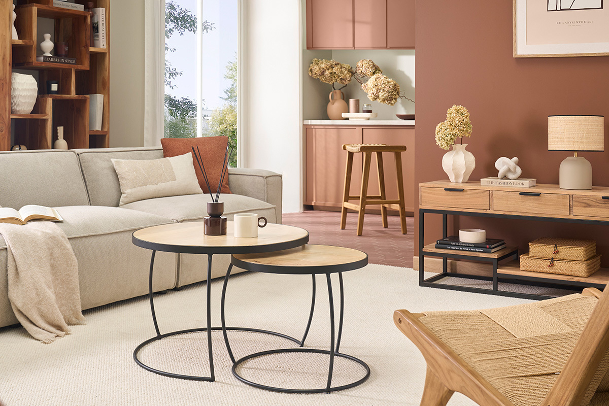 Verschachtelungs-Couchtische aus massivem Mangoholz und Metall BARREL