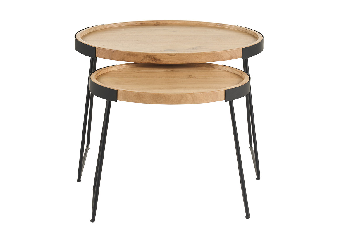 Set aus 2 Couchtischen aus Massivholz mit schwarzen Metallbeinen, Vorderansicht.