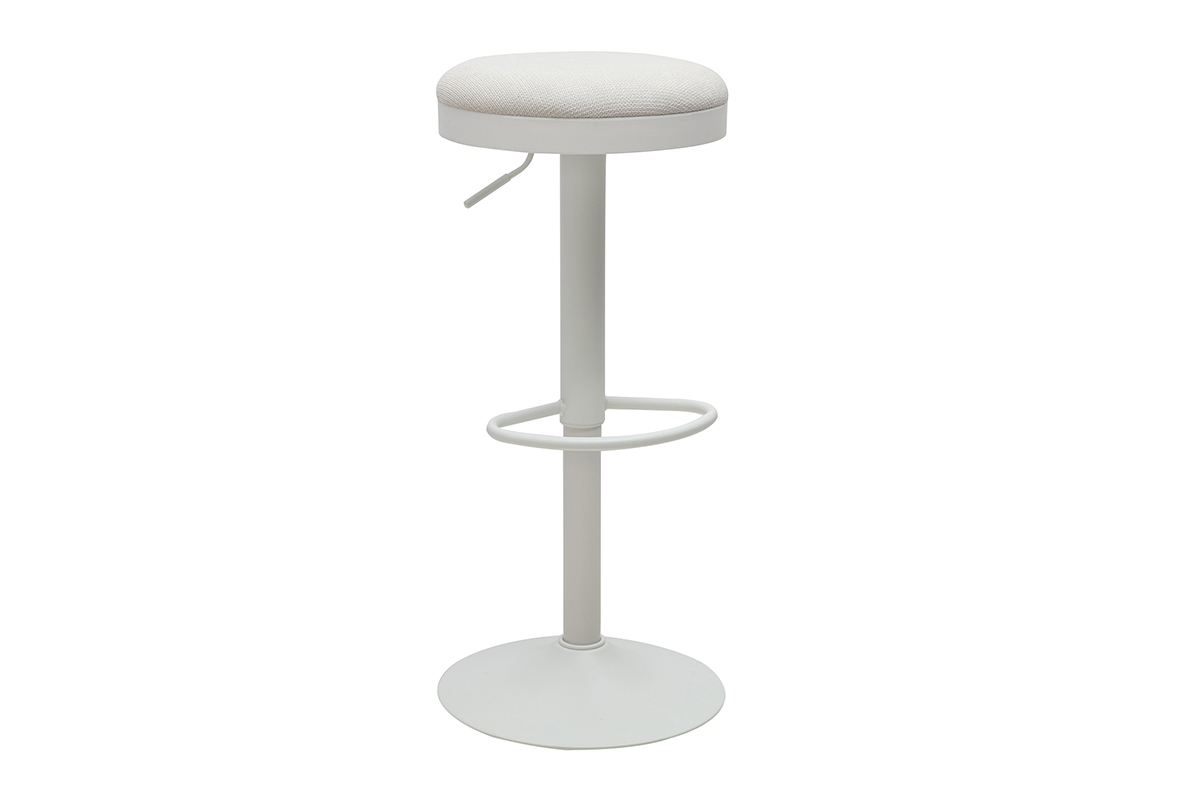 Verstellbarer Barhocker aus ecrufarbenem Chenille-Stoff und wei�em Metall, 3/4-Ansicht.