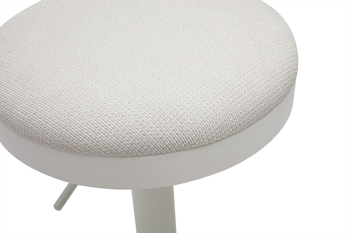 Rundes Sitzkissen aus cremefarbenem Chenille-Stoff mit wei�em Metallgestell, Nahaufnahme