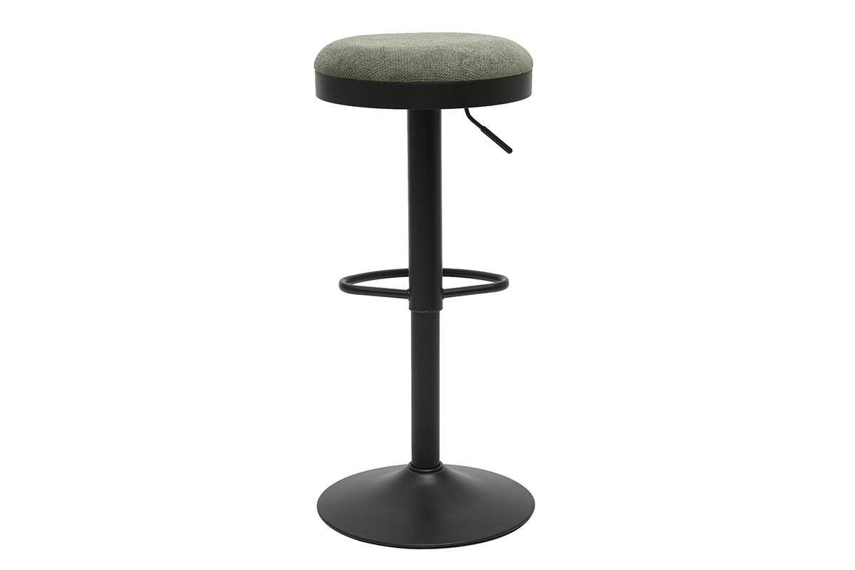 Verstellbarer Barhocker aus khaki-gr�nem Chenille-Stoff und schwarzem Metall, R�ckansicht.