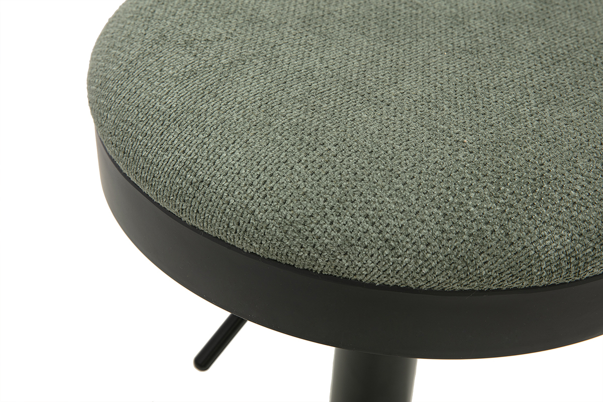 Runde Sitzfl�che aus khaki-gr�nem Chenille-Stoff auf schwarzem Metallgestell, Draufsicht
