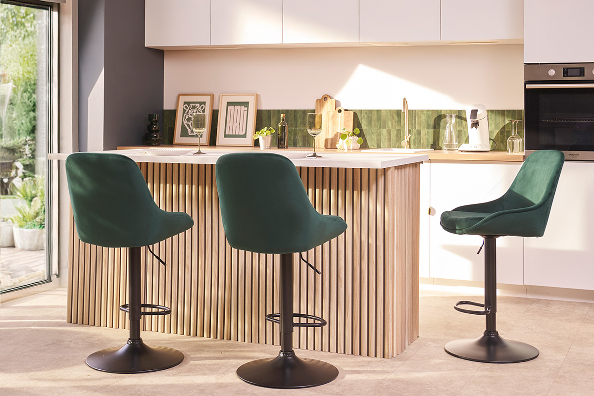 Verstellbarer Design-Barhocker aus taupefarbenem Samtstoff und schwarzem Metall 360� drehbar (2er-Set) HOLO