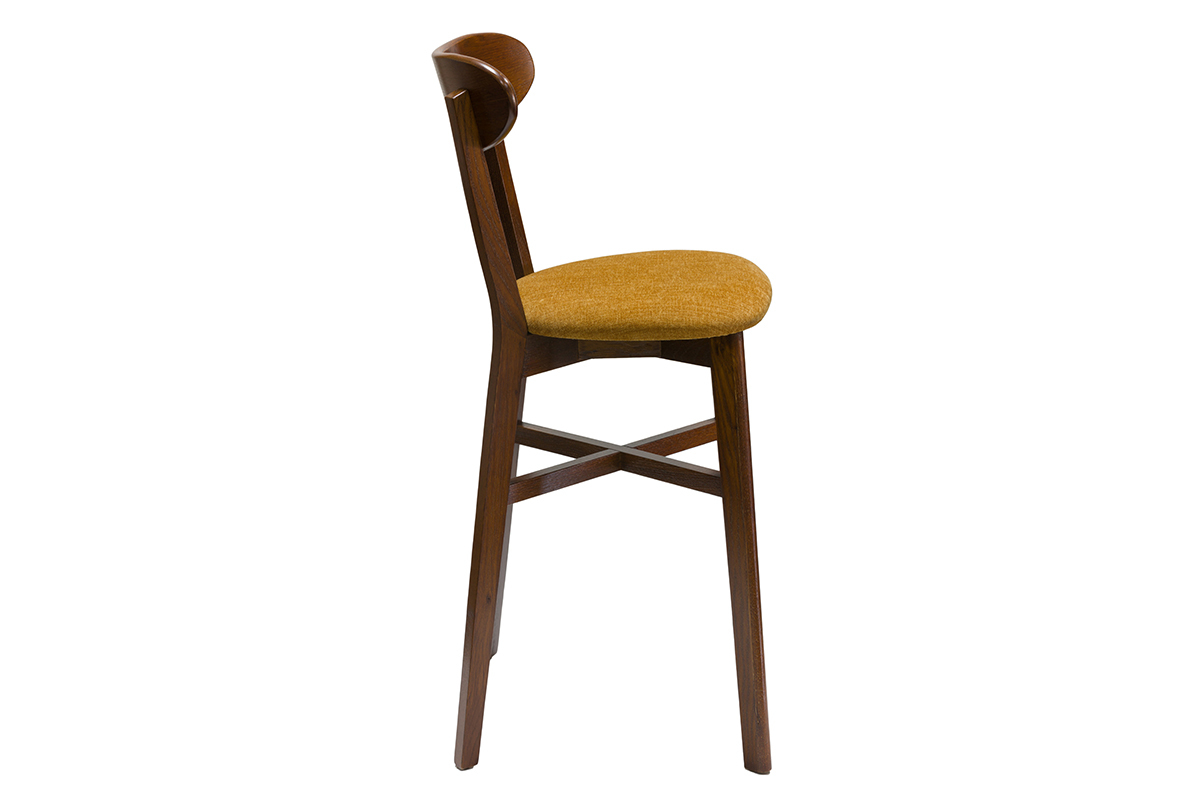 Vintage-Barhocker aus dunkler Eiche und senfgelbem Stoff H65 cm DOVE