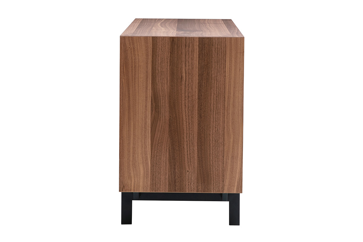 Vintage-Sideboard aus dunklem Nussbaumholz, Seitenansicht, mit schwarzem Metallgestell.