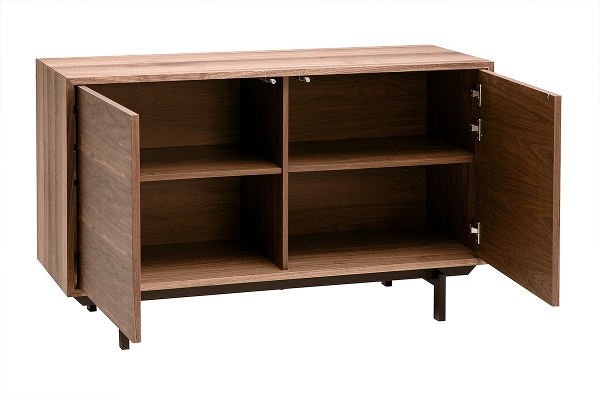 Vintage-Buffet aus dunklem Nussbaumholz mit 2 T�ren, ge�ffnet, mit inneren Regalen, 3/4-Ansicht