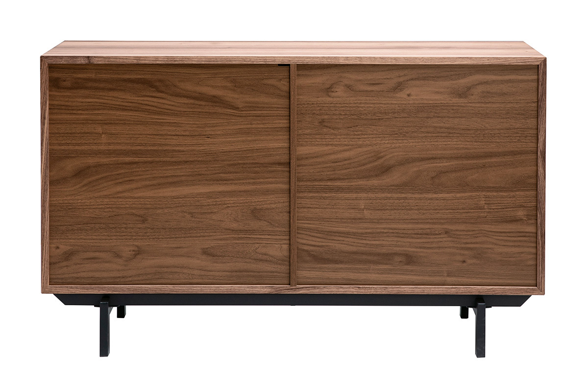 Vintage-Sideboard aus dunklem Nussbaumholz mit 2 T�ren, R�ckansicht, L 120 cm, schwarzes Metallgestell.