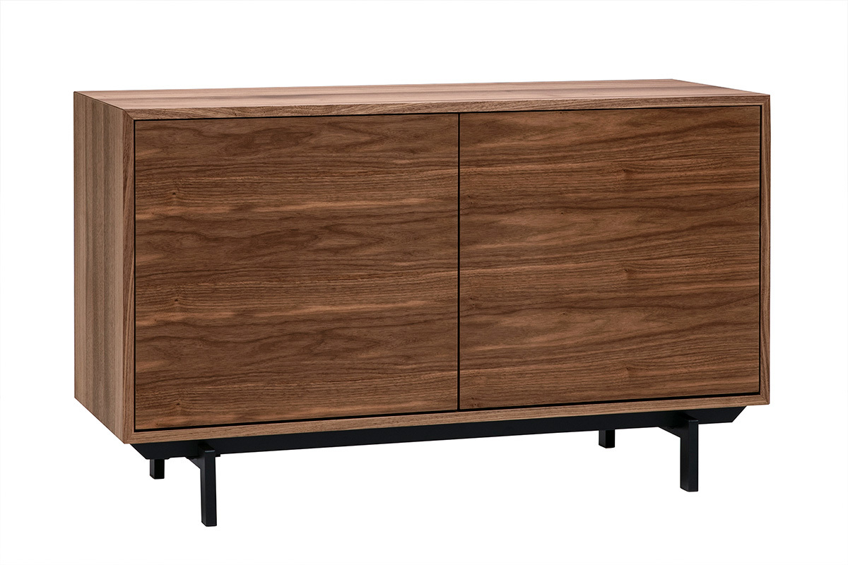 Vintage-Buffet aus dunklem Nussbaumholz, 2 T�ren, 3/4-Ansicht, schwarzes Gestell.