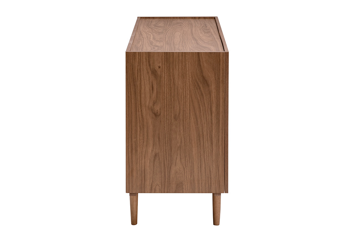 Vintage-Buffet aus dunklem Nussbaumholz, Seitenansicht, mit zylindrischen Hevea-Holzbeinen.