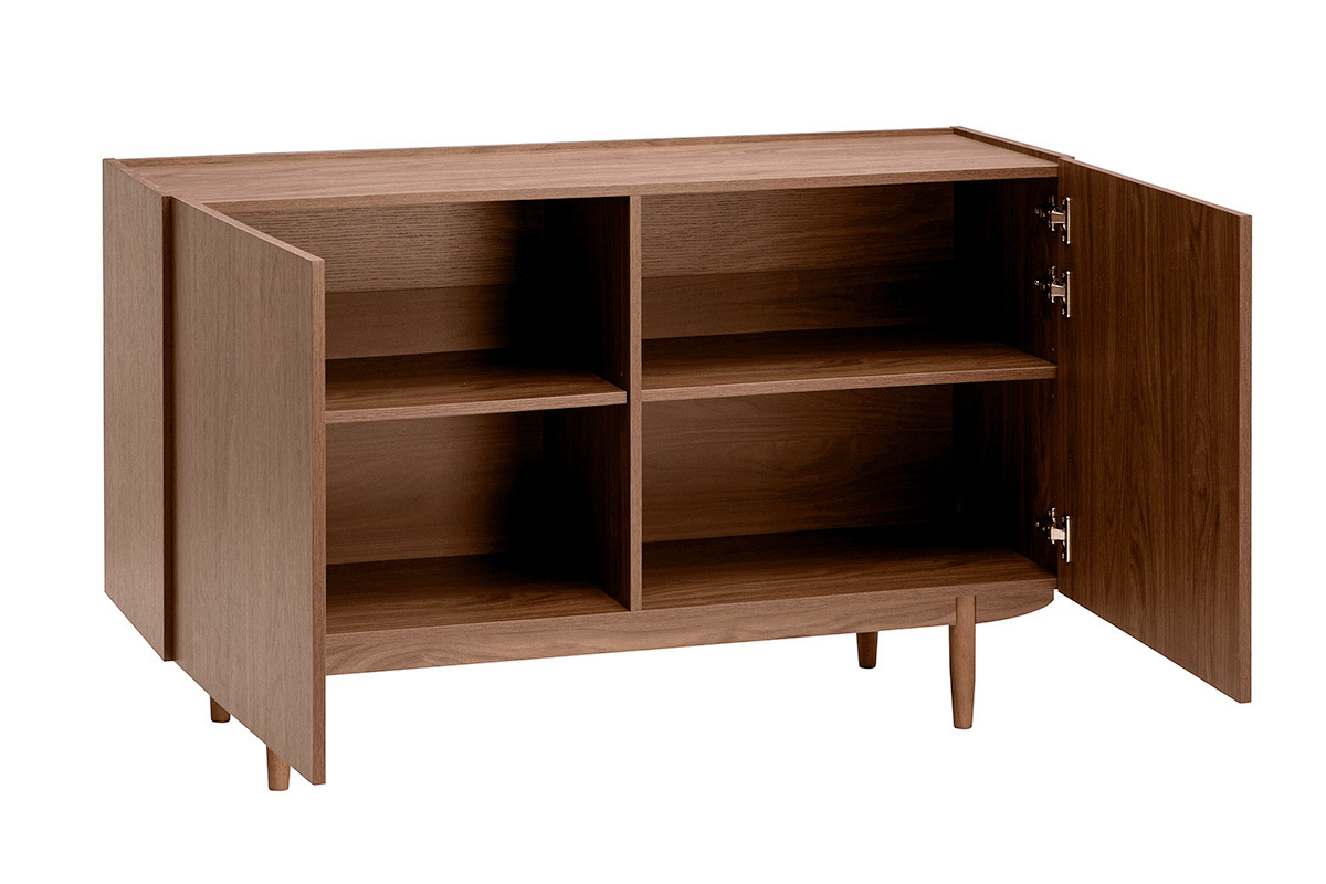 Vintage-Sideboard aus dunklem Nussbaumholz mit zwei ge�ffneten T�ren, die die Innenregale zeigen.