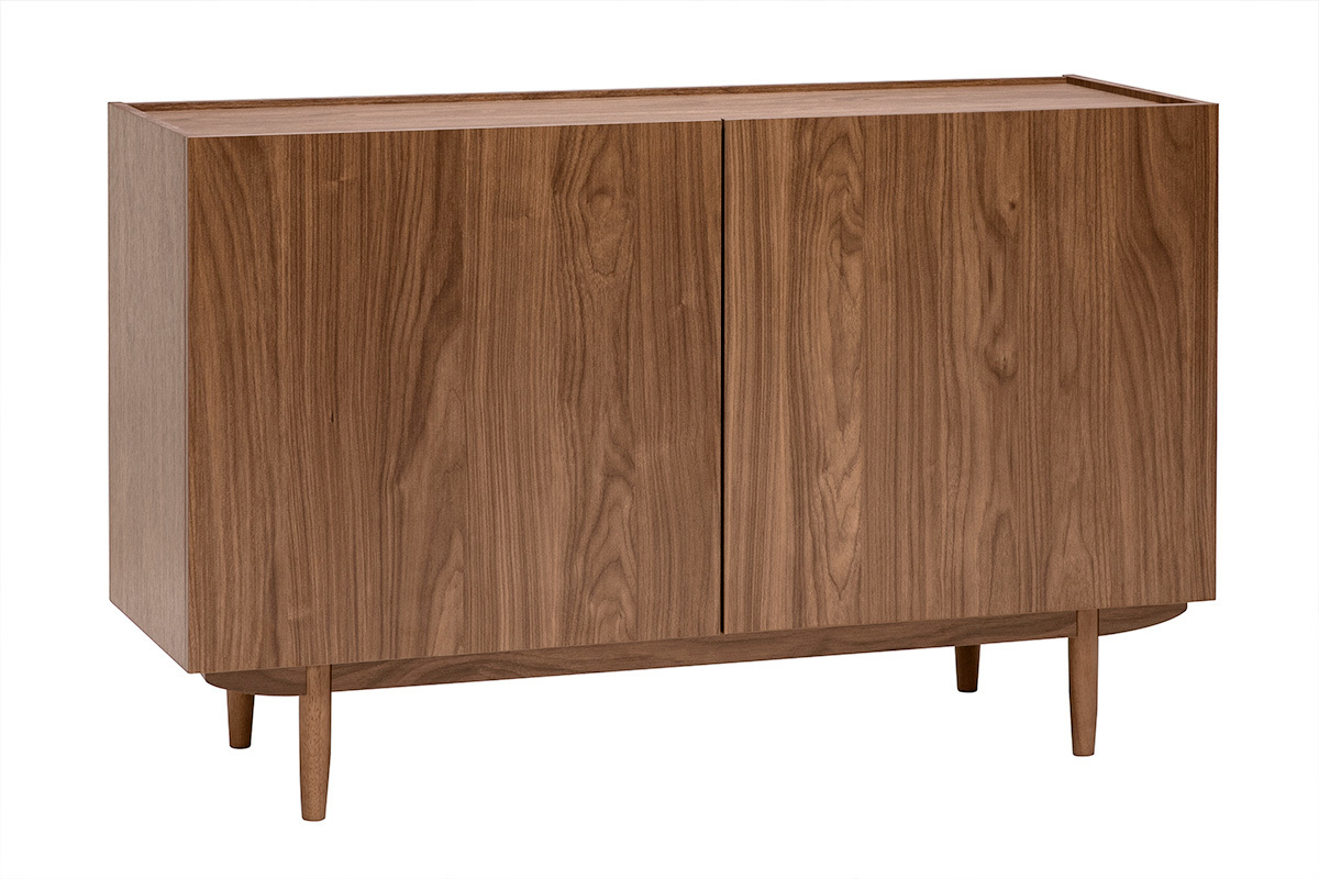 Vintage-Buffet aus dunklem Walnussholz, 2 T�ren, 3/4-Ansicht, zylindrische Beine aus Kautschukholz.