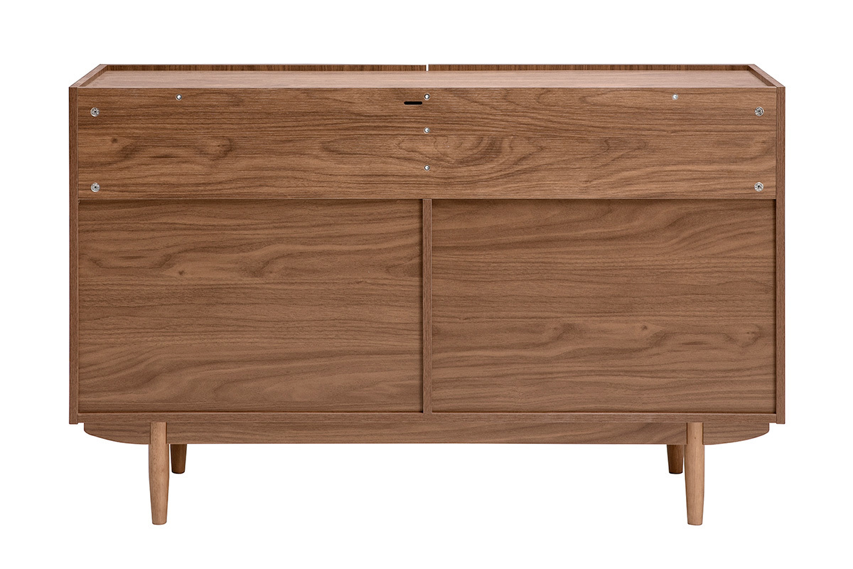 Vintage-Sideboard aus dunklem Nussbaumholz, 2 T�ren, R�ckansicht, konische zylindrische F��e.