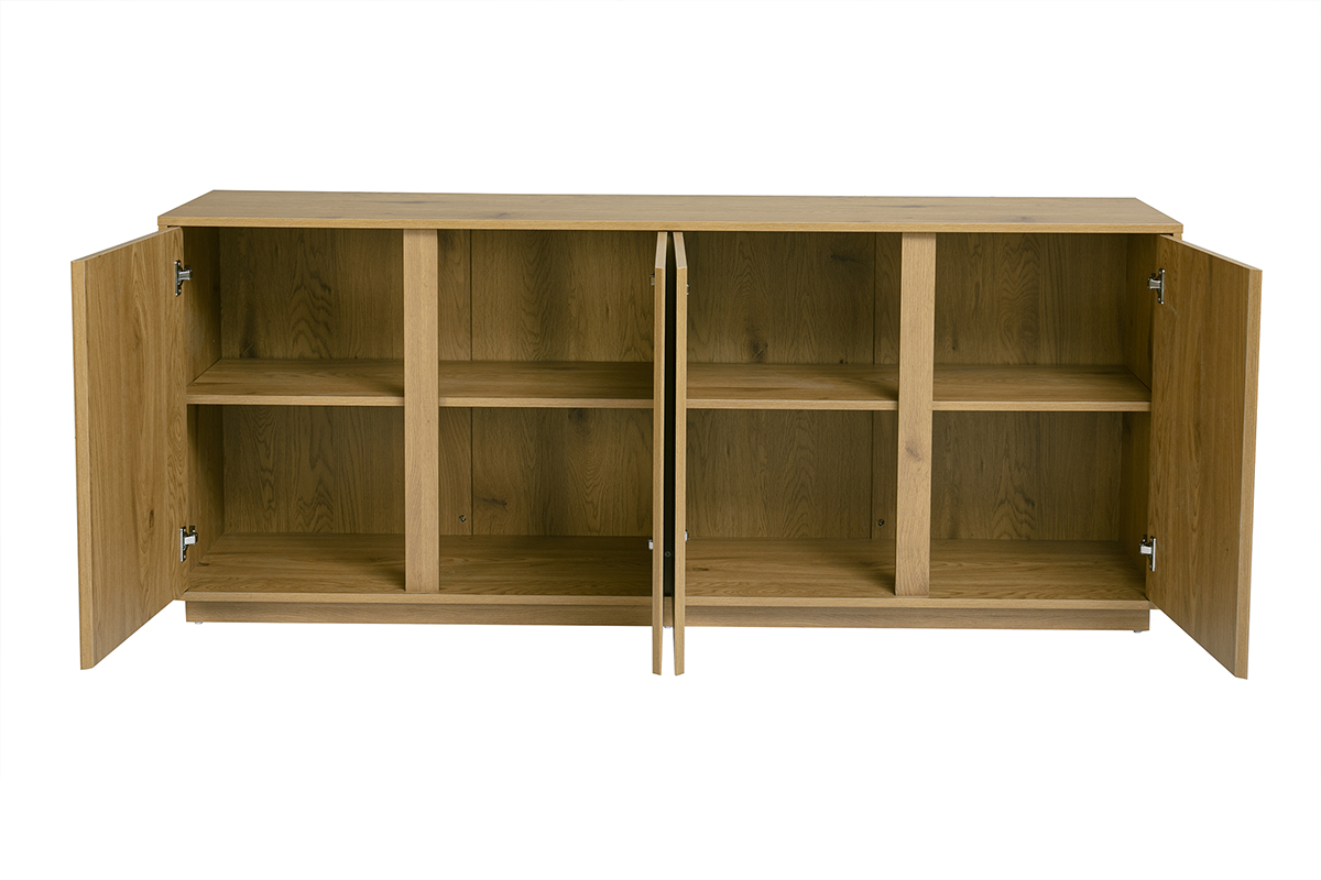 Vintage-Buffet aus Eichenholz, Frontansicht mit 4 ge�ffneten T�ren und inneren Regalen.