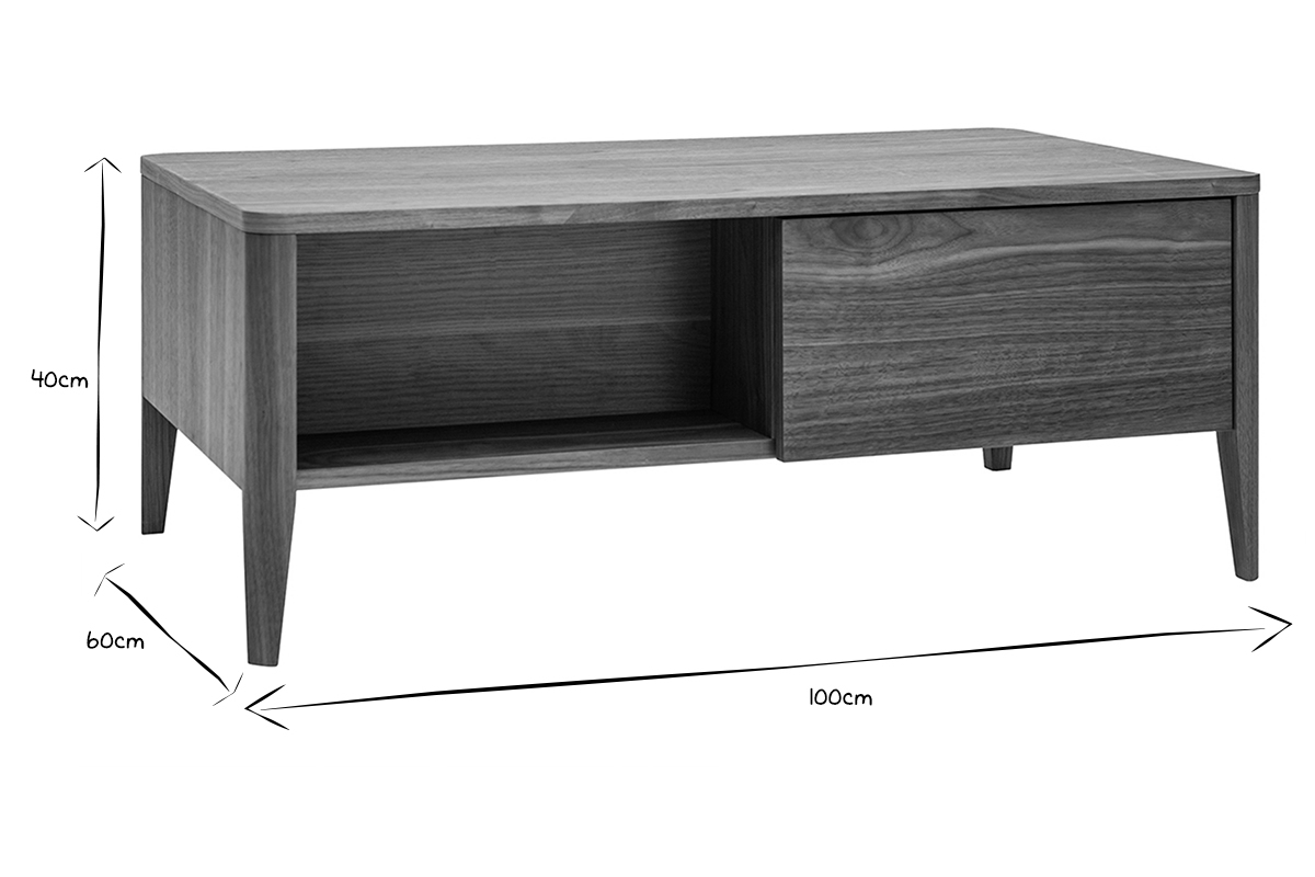 Vintage-Couchtisch rechteckig mit Schublade und Nische Walnussfurnier B100 cm BENJA