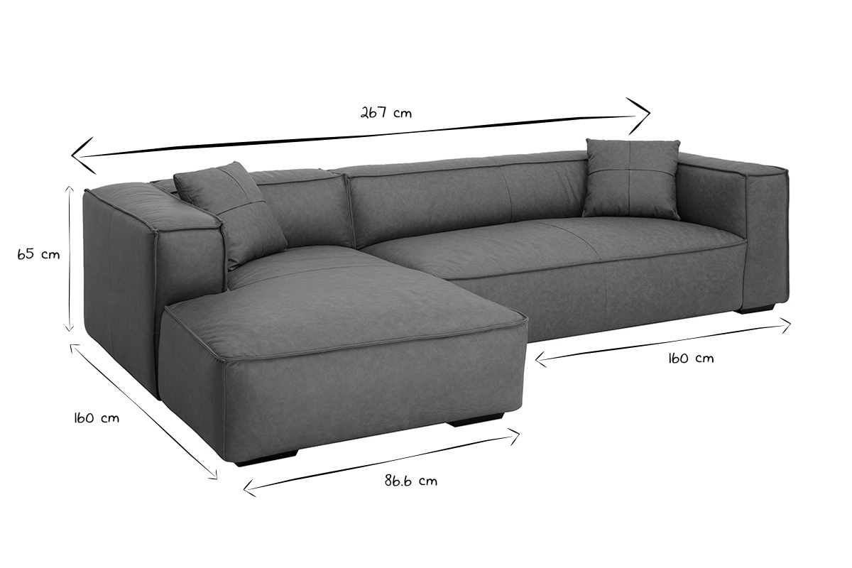 Vintage Ecksofa links 3-4 Sitzer aus braunem Leder und schwarzem Holz COBAIN