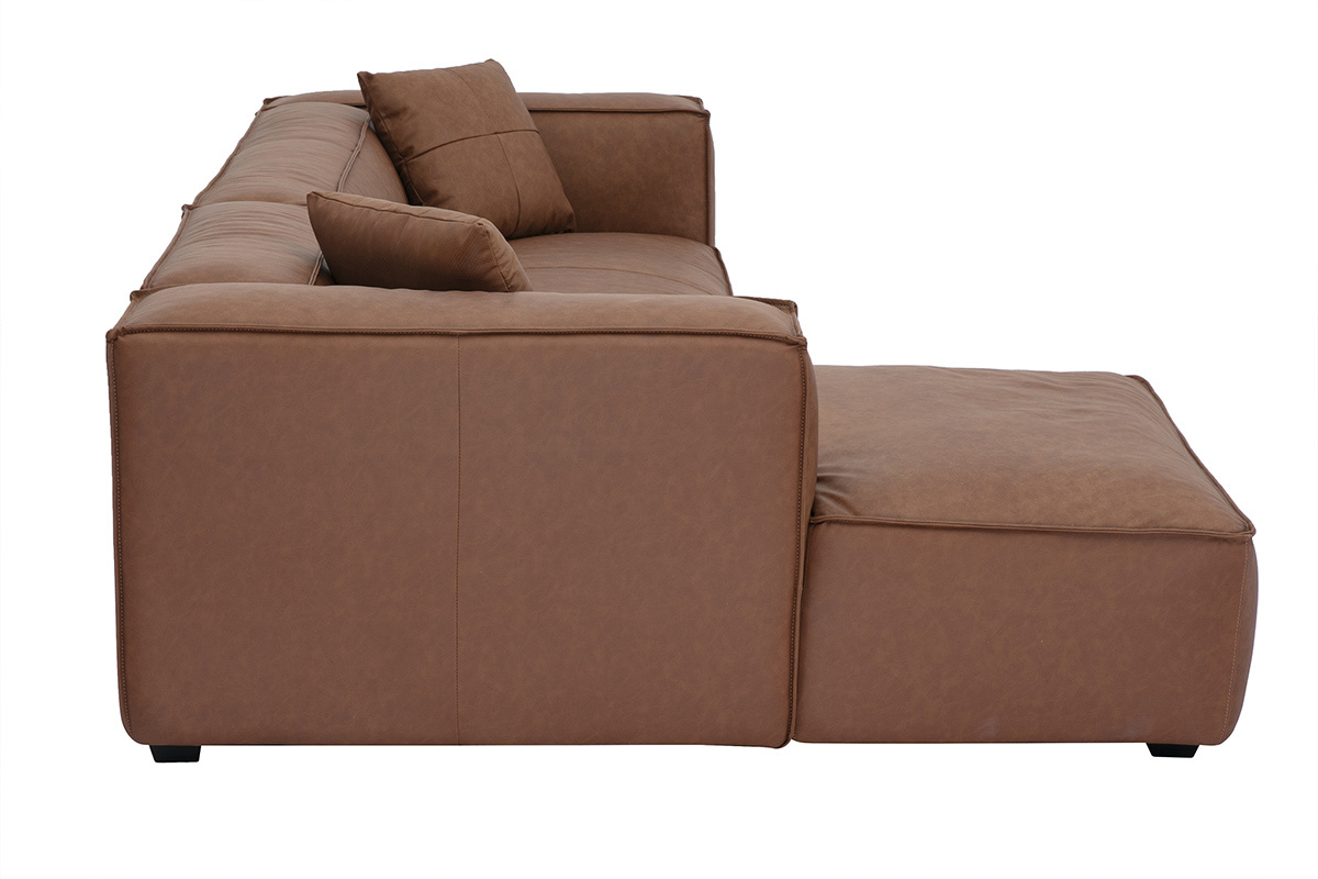 Vintage Ecksofa links 3-4 Sitzer aus braunem Leder und schwarzem Holz COBAIN