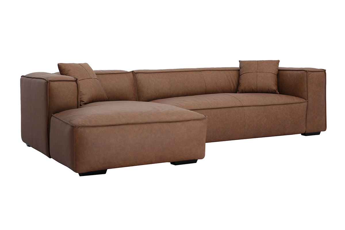 Vintage Ecksofa links 3-4 Sitzer aus braunem Leder und schwarzem Holz COBAIN