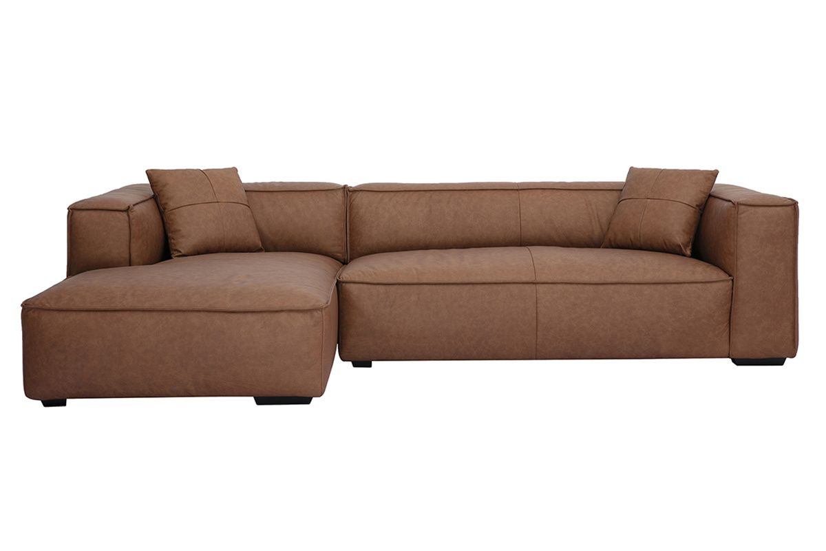 Vintage Ecksofa links 3-4 Sitzer aus braunem Leder und schwarzem Holz COBAIN