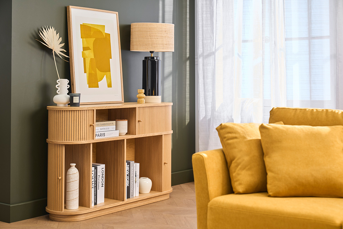 Vintage Konsole aus hellem Eichenholz mit Schiebet�ren L120 cm EPIC