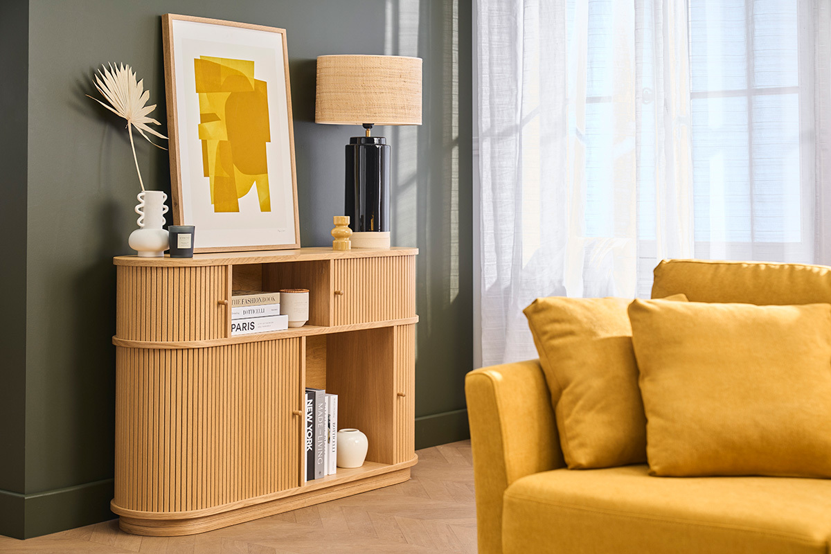 Vintage Konsole aus hellem Eichenholz mit Schiebet�ren L120 cm EPIC