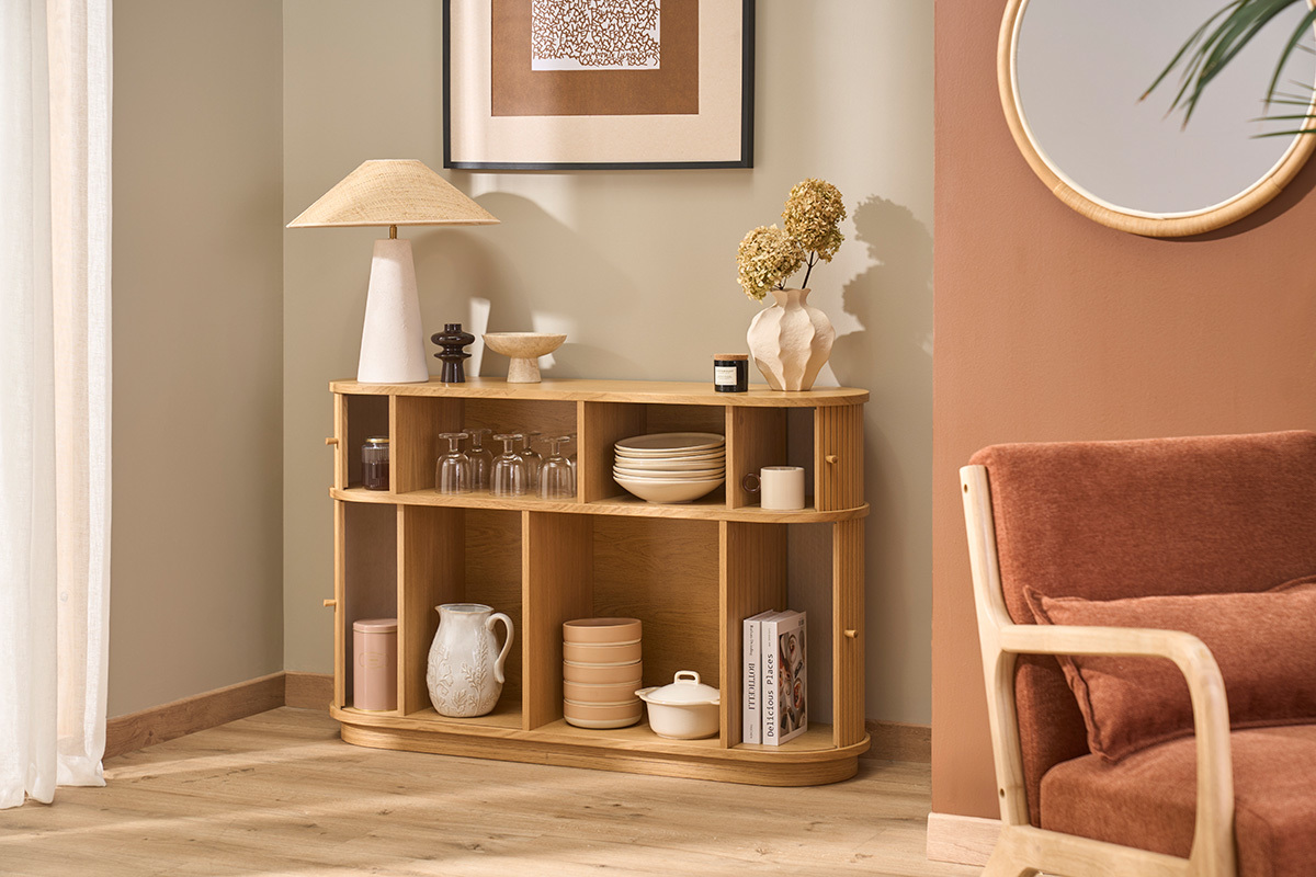 Vintage Konsole aus hellem Eichenholz mit Schiebet�ren L120 cm EPIC