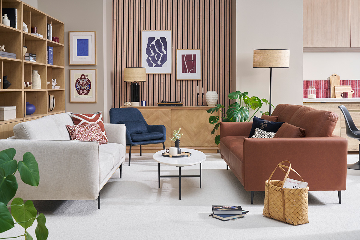 Vintage Ledersofa 3-Sitzer braun und dunkles Holz DAVEN