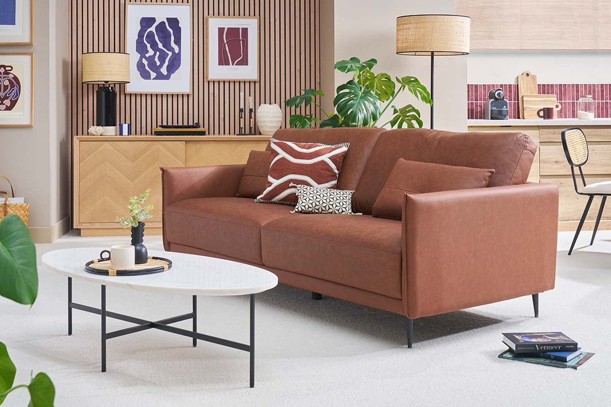 Vintage Ledersofa 3-Sitzer braun und dunkles Holz DAVEN