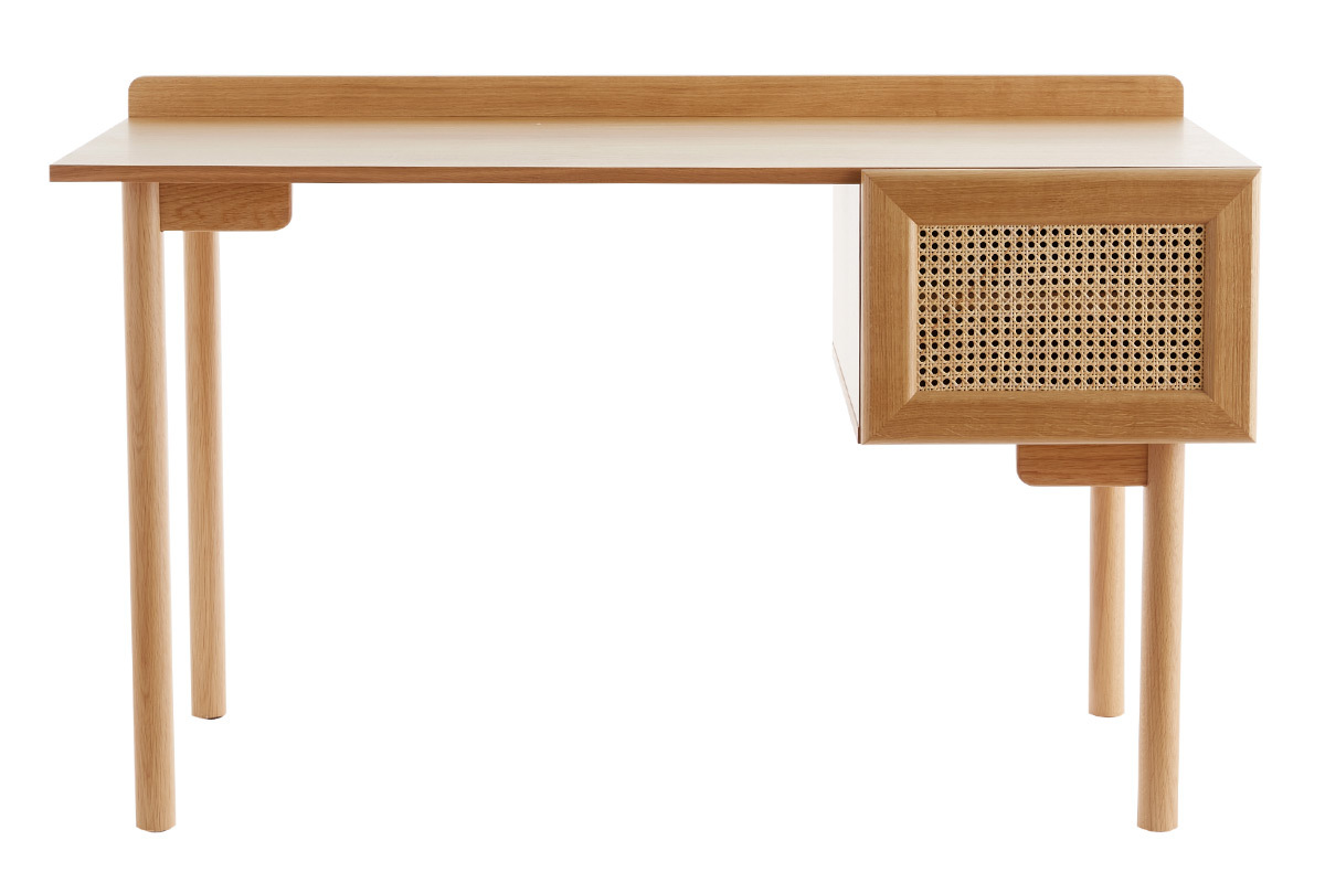 Vintage-Schreibtisch aus Eichenholz mit geflochtener Schublade B 130 cm ANTIK