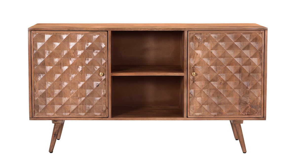 Vintage Sideboard aus massivem Mangoholz mit geschnitzten Tren mit Motiv L140 cm HIRA