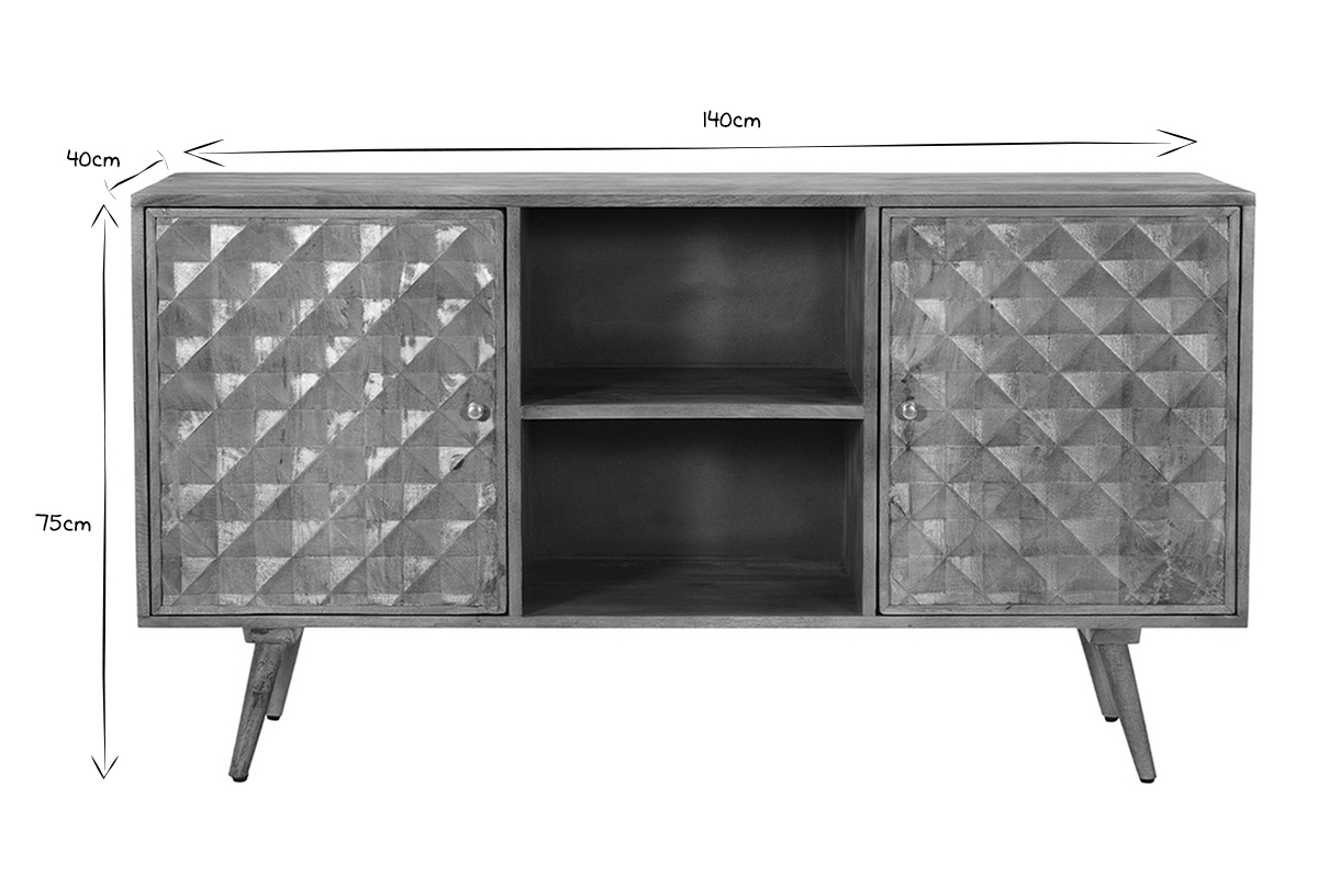 Vintage Sideboard aus massivem Mangoholz mit geschnitzten Tren mit Motiv L140 cm HIRA