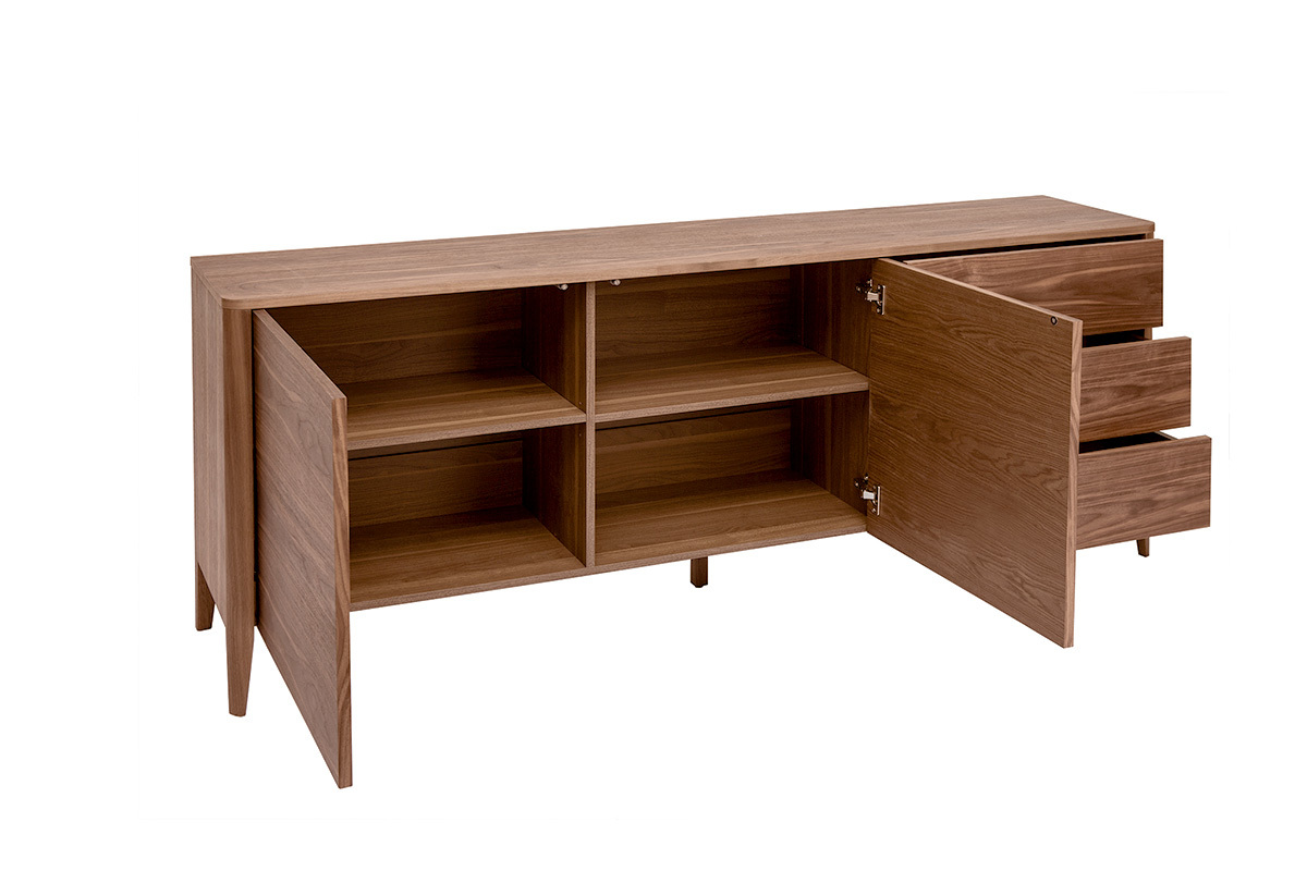 Dunkles Walnussholz Buffet mit zwei offenen Tren und drei offenen Schubladen, Seitenansicht.