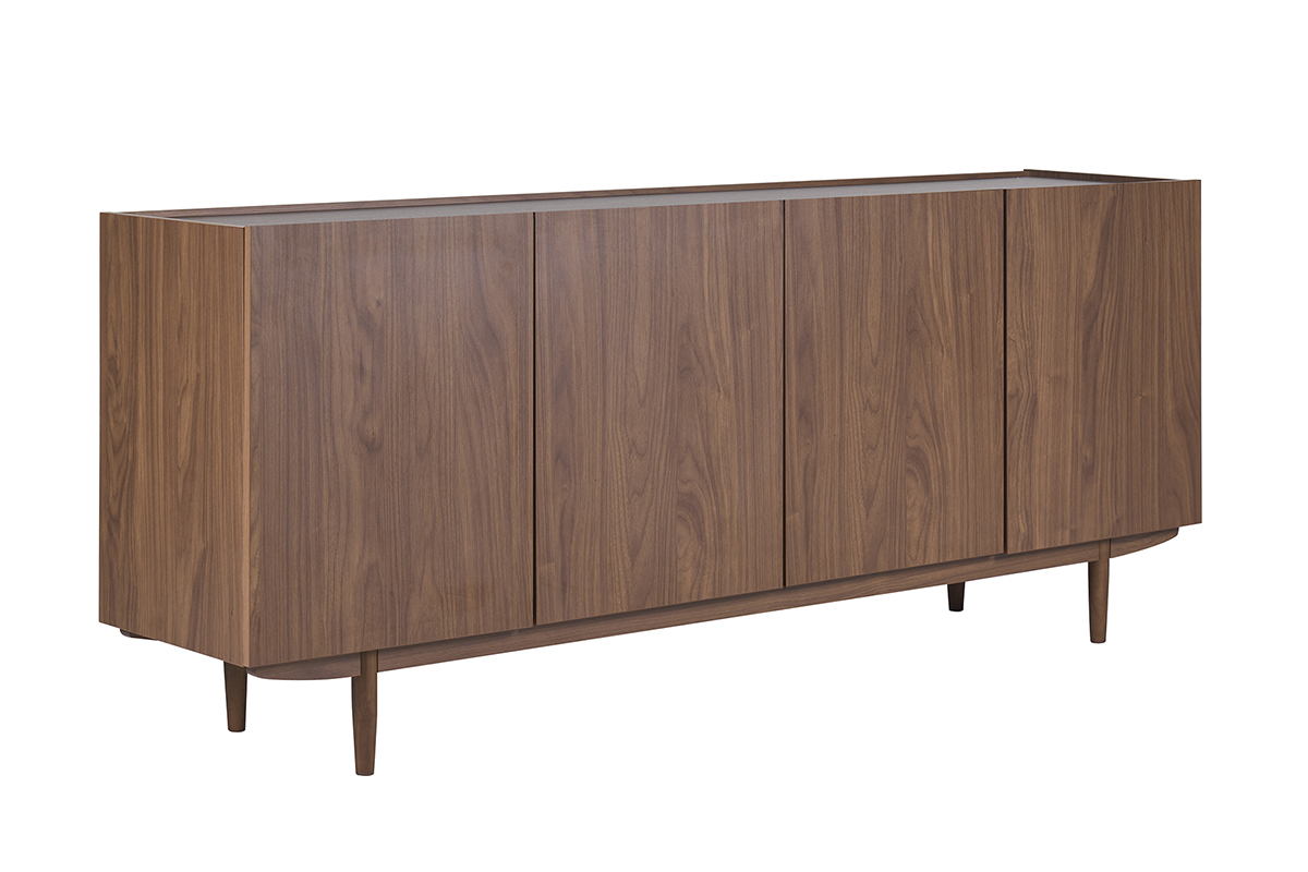 Dunkelbraunes Vintage-Sideboard, Walnuss, 4 T�ren, schlanke Beine, Dreiviertelansicht.