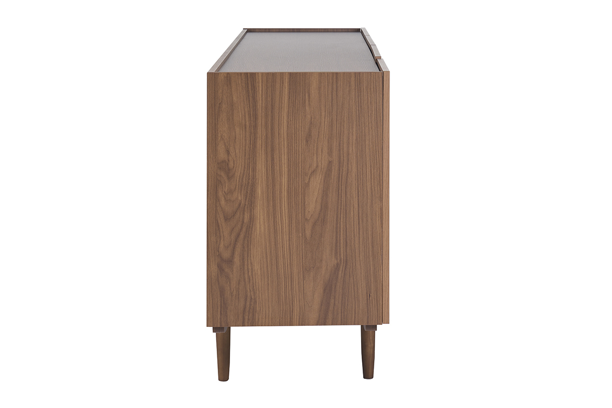 SANAA Sideboard aus dunklem Holz, Seitenansicht, schmale Beine, Walnuss-Finish.