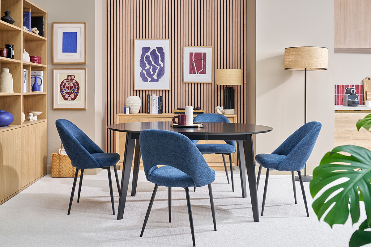 Vintage-Sthle aus dunkelblauem Samt-Effekt-Stoff und schwarzem Metall (2er Set) COSETTE