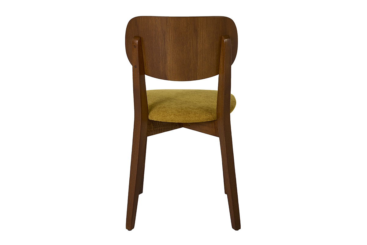R�ckansicht von Vintage-St�hlen aus dunklem Eichenholz mit senfgelbem Samtsitz.