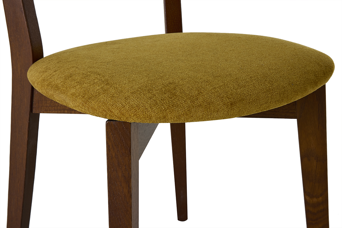 Detail des Vintage-Stuhls LUCIA aus dunklem Holz mit Sitzfl�che aus senffarbenem Samtstoff