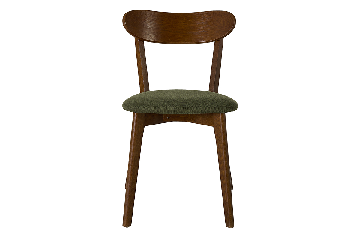 Vintage-Stuhl DOVE aus dunklem Holz und Stoff mit strukturierter Samtoptik in Khaki-Gr�n, Vorderansicht.
