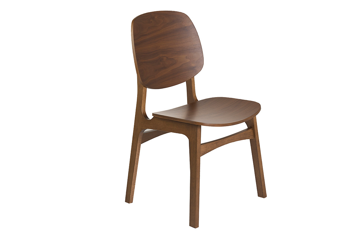 Vintage-Stuhl aus dunklem Nussbaumholz, in Dreiviertelansicht, mit breiter Sitzfl�che und geschwungener R�ckenlehne.