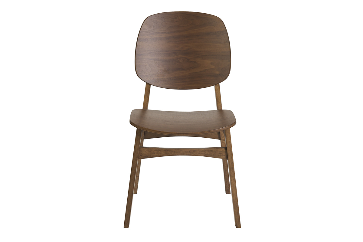Vintage-Stuhl aus dunklem Nussbaumholz, Vorderansicht, mit geschwungener R�ckenlehne und breiter Sitzfl�che.
