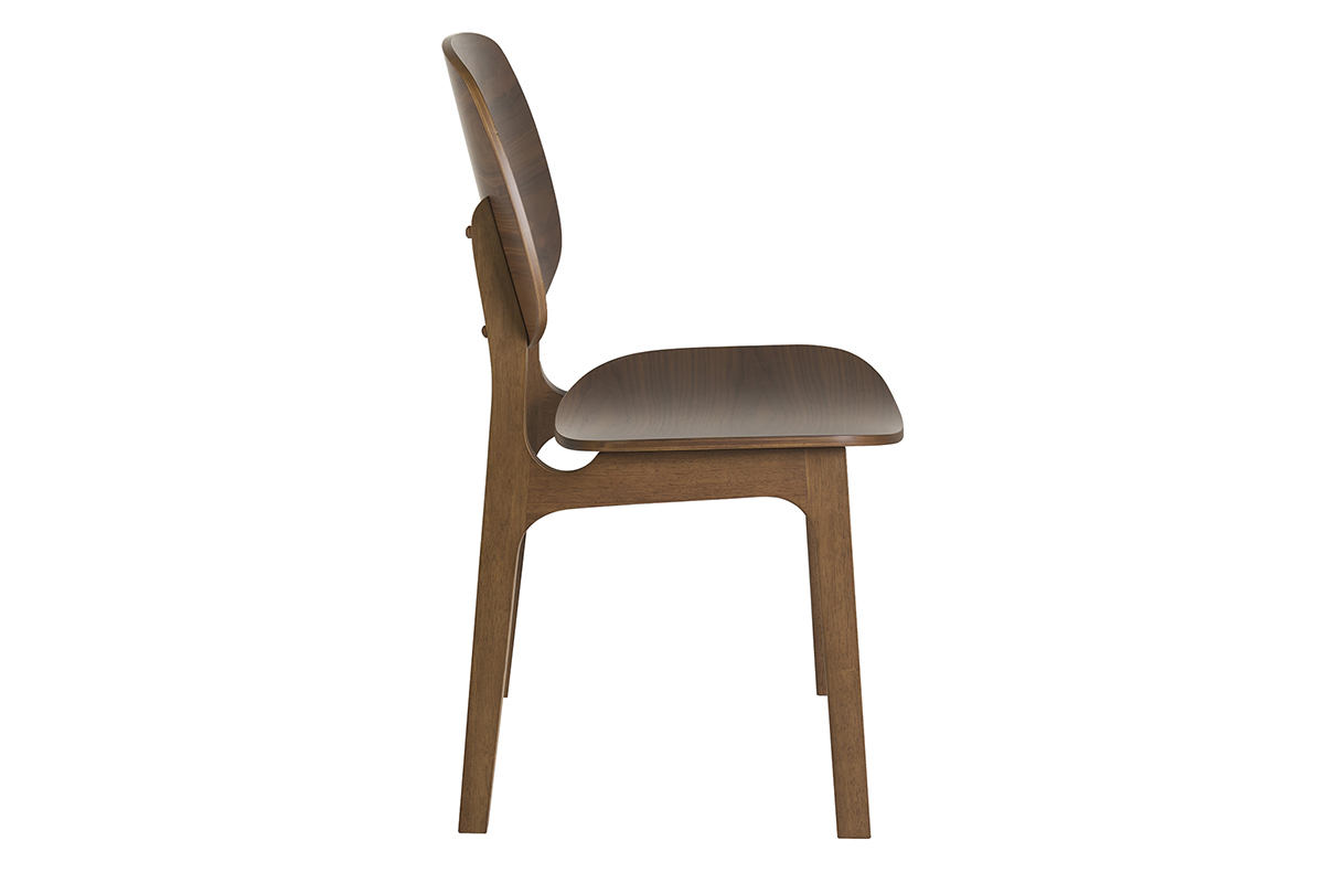 Vintage-Stuhl aus dunklem Nussbaumholz, Seitenansicht, mit geschwungener Sitzfl�che und R�ckenlehne.
