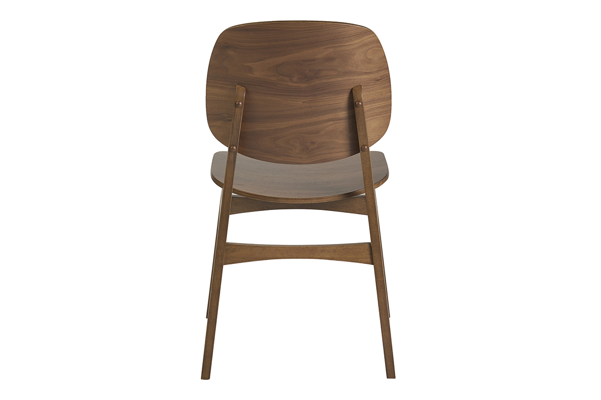 Vintage-Stuhl aus dunklem Nussbaumholz, R�ckansicht, schlichtes und abgerundetes Design.