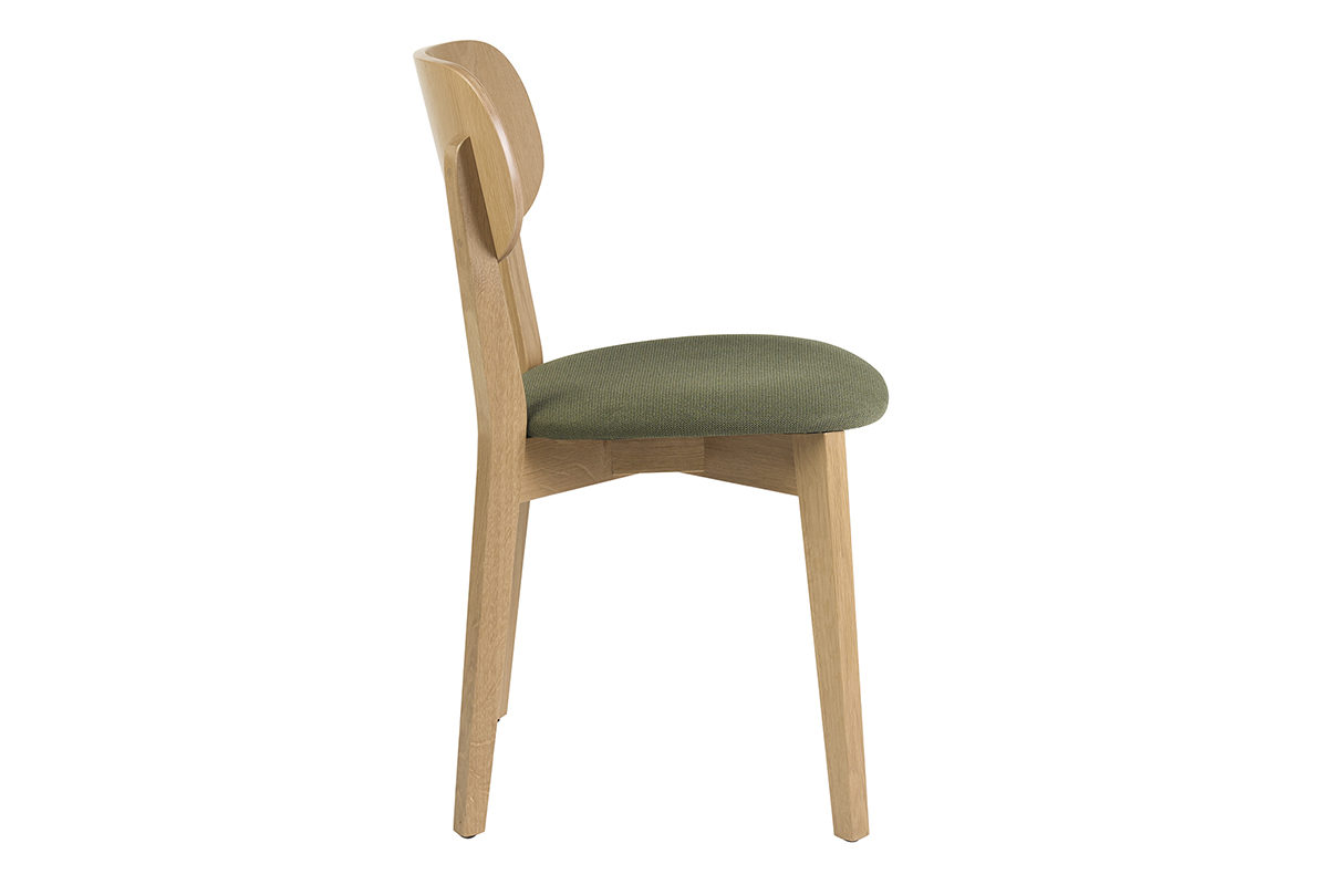 Vintage-Stuhl LUCIA aus hellem Holz und gr�nem Khaki-Stoff, Seitenansicht.