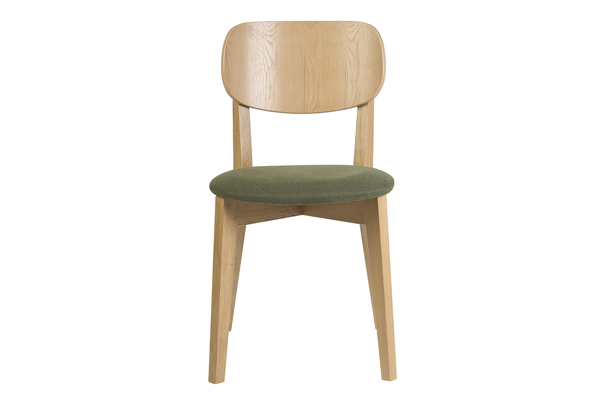 Vintage-Stuhl aus hellem Holz mit Sitzfl�che aus texturiertem khakigr�nem Samt, Frontansicht.