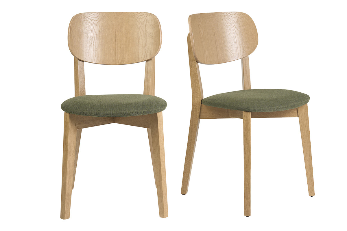 Set aus 2 Vintage-St�hlen aus hellem Eichenholz mit strukturierter Sitzfl�che aus khakigr�nem Samt, Vorderansicht.