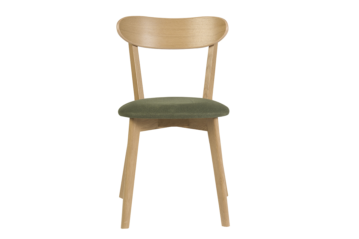 Vintage-Stuhl aus hellem Eichenholz mit Sitzfl�che aus strukturierter Samtstoff in Khaki-Gr�n, Frontansicht.