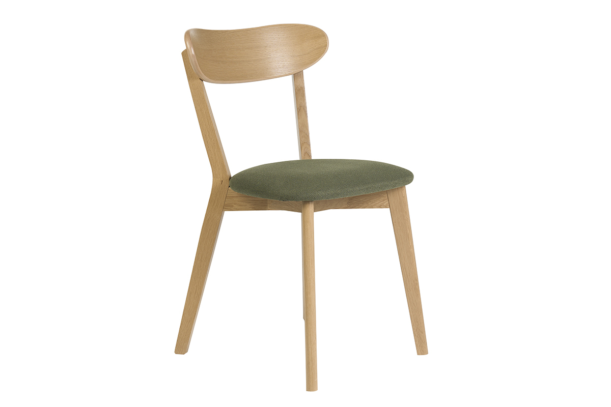 Vintage-Stuhl aus hellem Eichenholz mit Sitzfl�che aus khakigr�nem Samtstoff, 3/4-Ansicht.