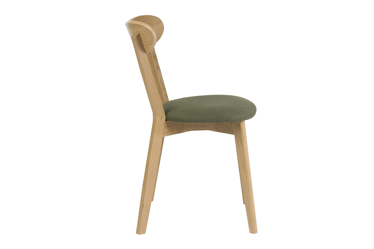Vintage-Stuhl aus hellem Eichenholz mit Sitzfl�che aus khakigr�nem Stoff, Seitenansicht.