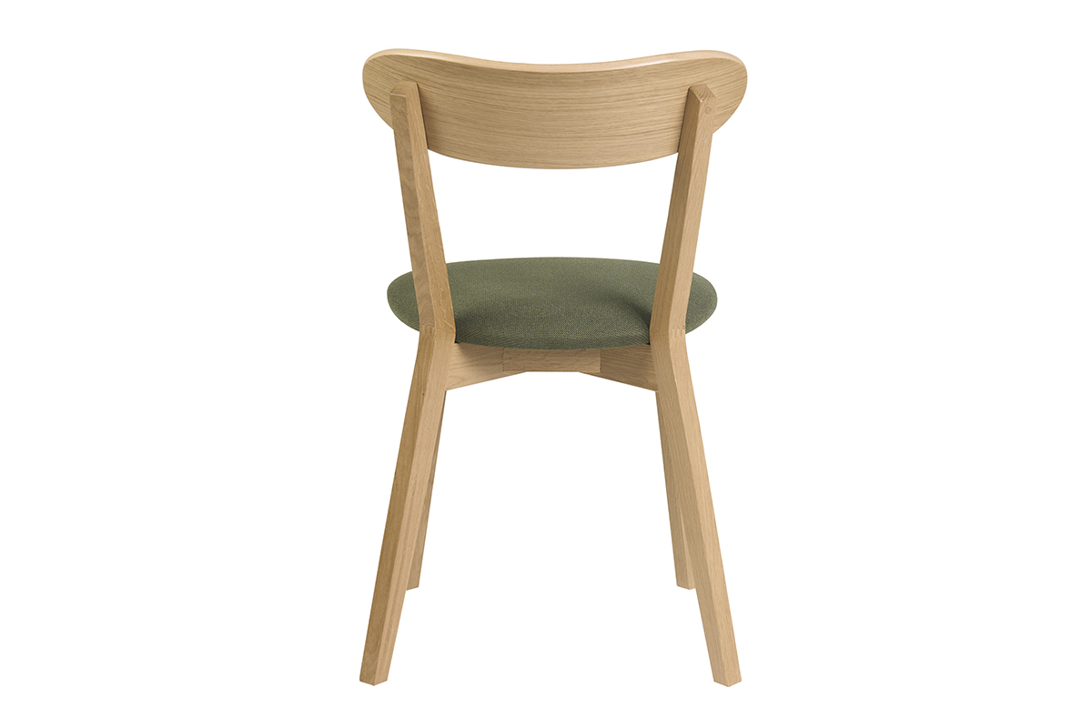 Vintage-Stuhl aus hellem Eichenholz mit Sitzfl�che aus strukturiertem Samtstoff in Khaki-Gr�n, R�ckansicht.